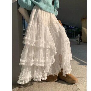 Boho Swiss Dot Lace Stretchy Waist Flared Ruffle Maxi Skirt